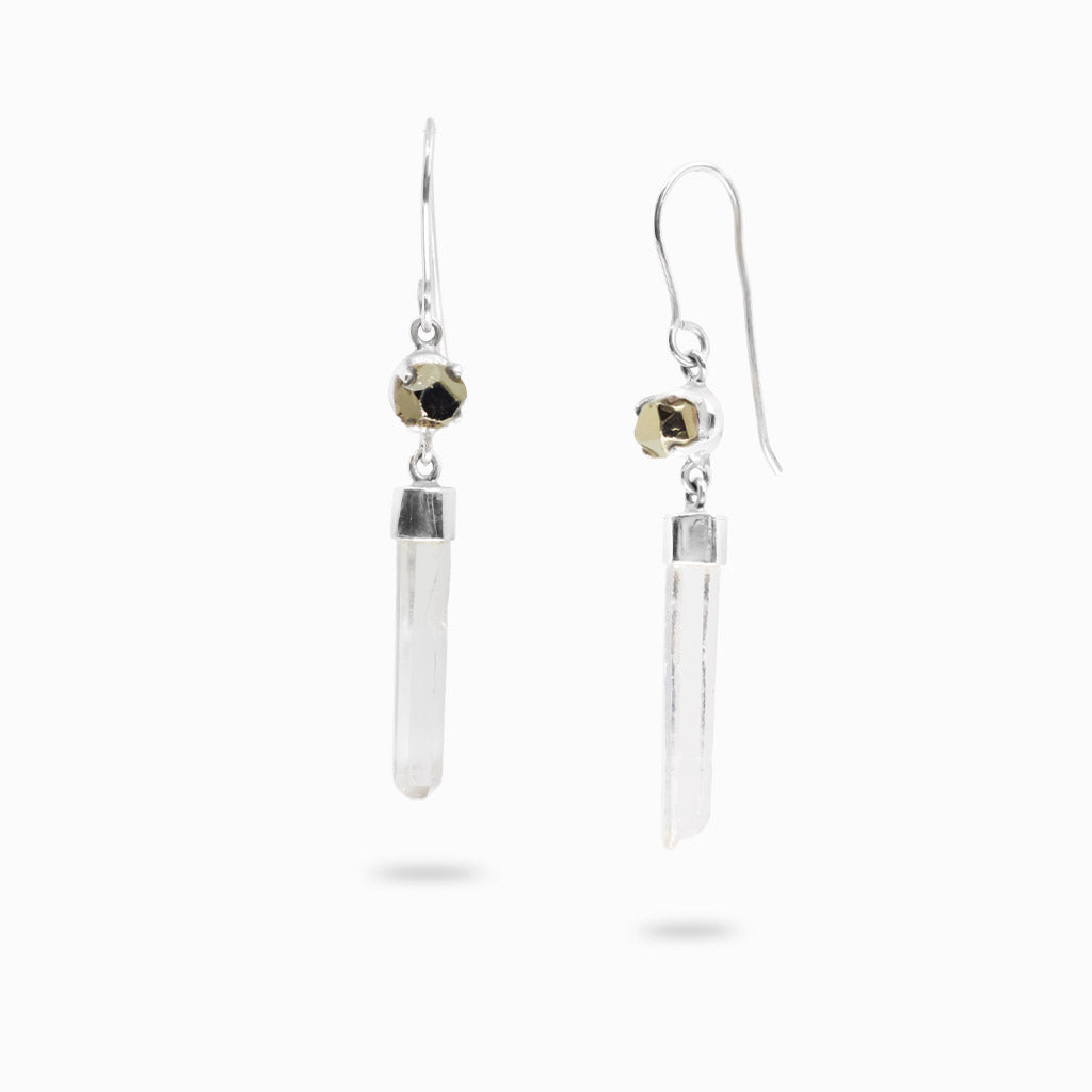 Sterling silver earrings featuring faceted Pyrite gemstones paired with natural Laser Quartz crystal points.