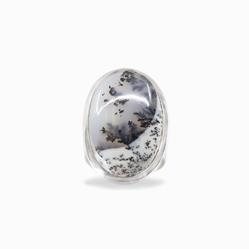 Oval Dendritic Opal cabochon with natural black branching inclusions set in 925 sterling silver.