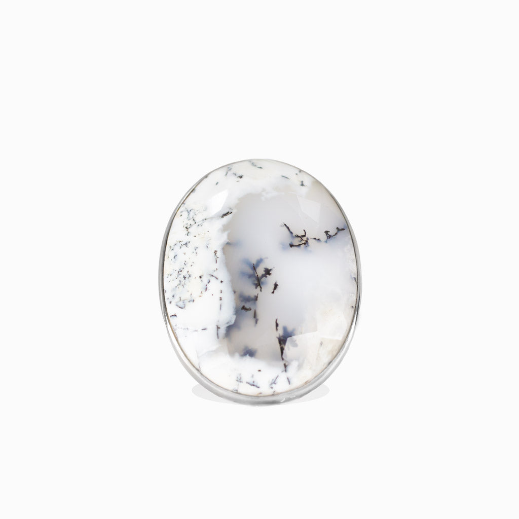 Faceted dendritic opal oval ring in sterling silver