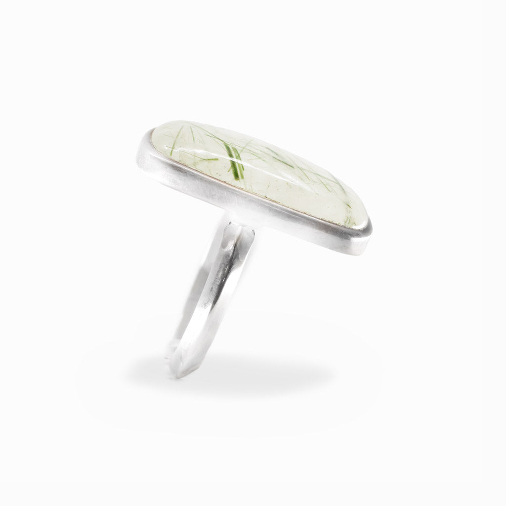 Rectangle Epidote in Quartz cabochon sterling silver statement ring with natural green inclusions.