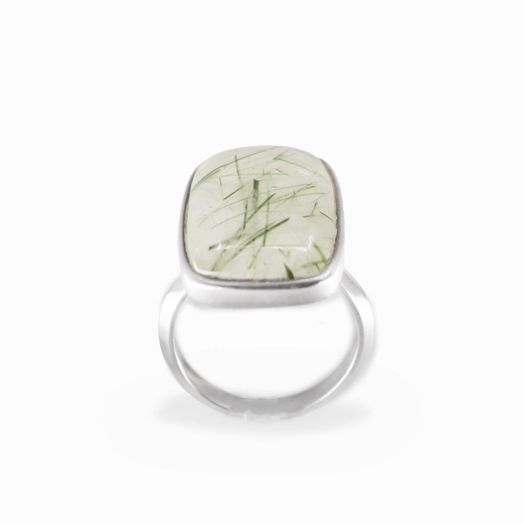 Rectangle Epidote in Quartz cabochon sterling silver statement ring with natural green inclusions.