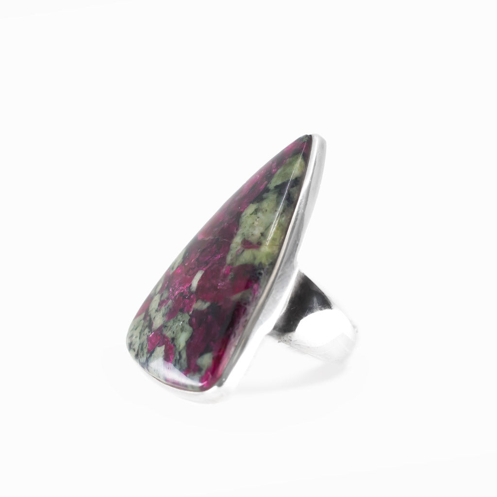 Eudialyte triangular cabochon ring in polished sterling silver with vivid raspberry pink, green and dark natural mineral patterning.