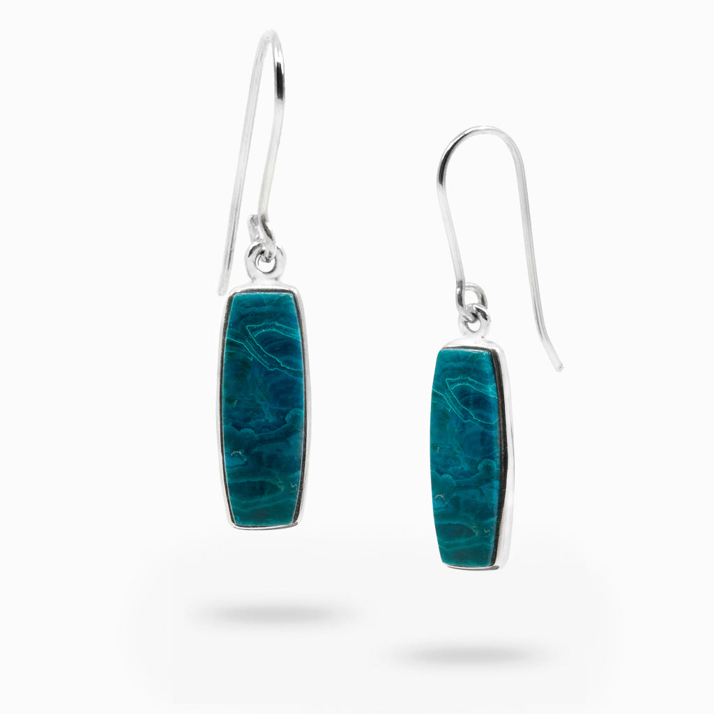 Cabochon Rectangle Chrysocolla Malachite Drop Earrings