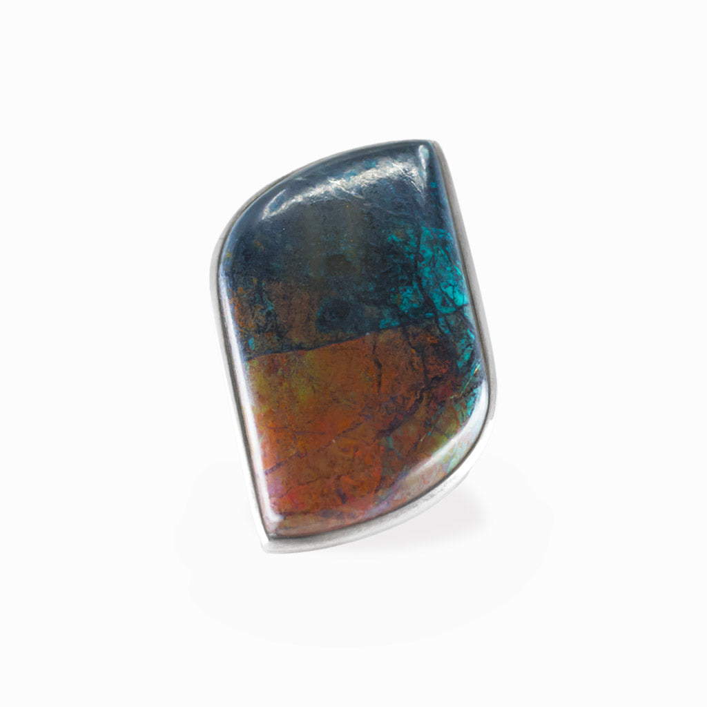 Chrysocolla Cuprite freeform cabochon ring in polished sterling silver with vivid teal blue, turquoise and warm copper mineral patterns.