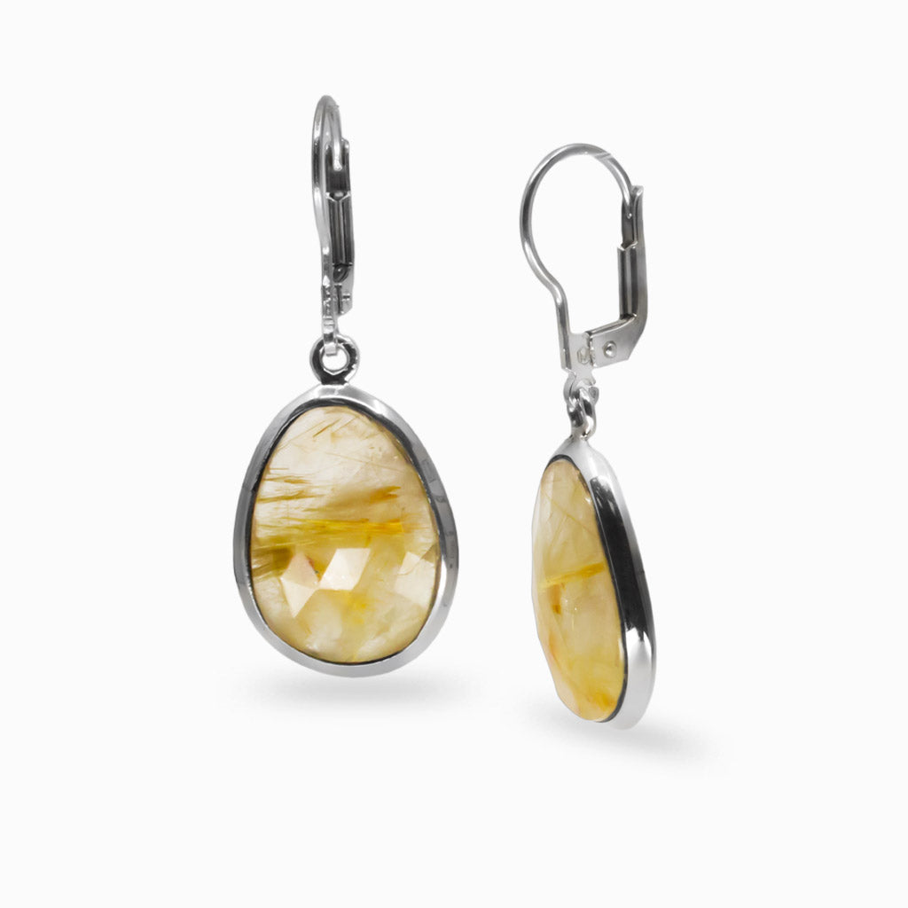 Golden Rutilated Quartz faceted drop earrings in sterling silver with organic-shaped gemstones and golden rutile fibers. | MADE IN EARTH 