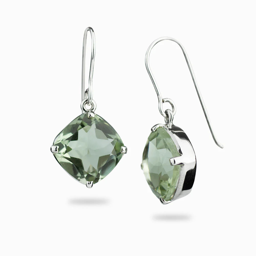 green quartz drop earrings sterling silver square faceted claw set mint green gemstone dangle earrings
