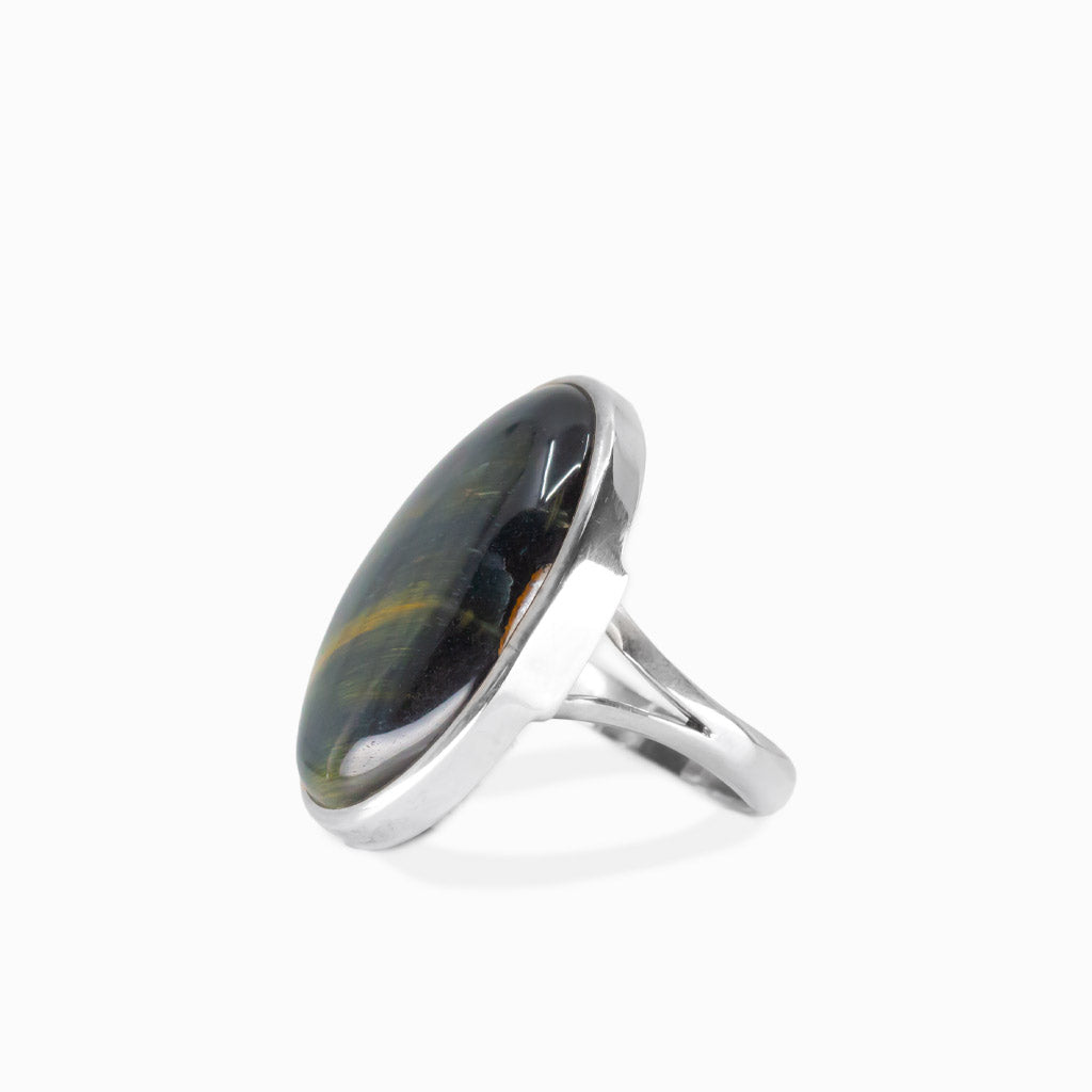Oval Hawk’s Eye cabochon ring in sterling silver