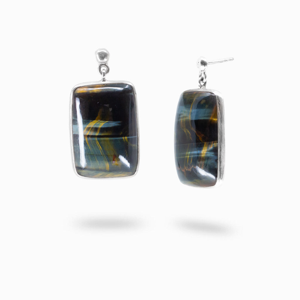 Cabochon Hawk’s Eye drop earrings in sterling silver
