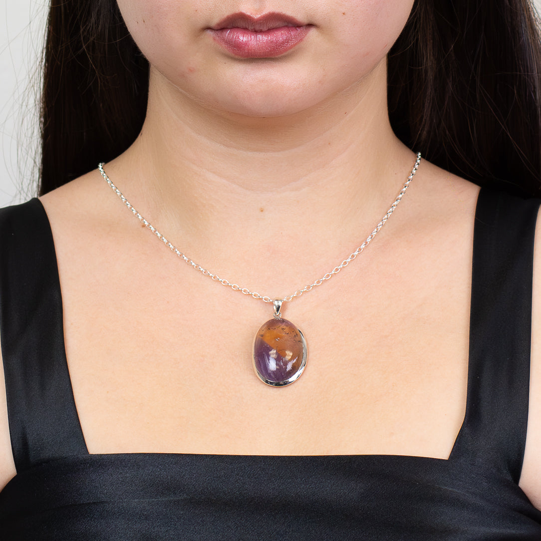 ametrine oval cabochon necklace purple yellow quartz sterling silver pendant ON MODEL
