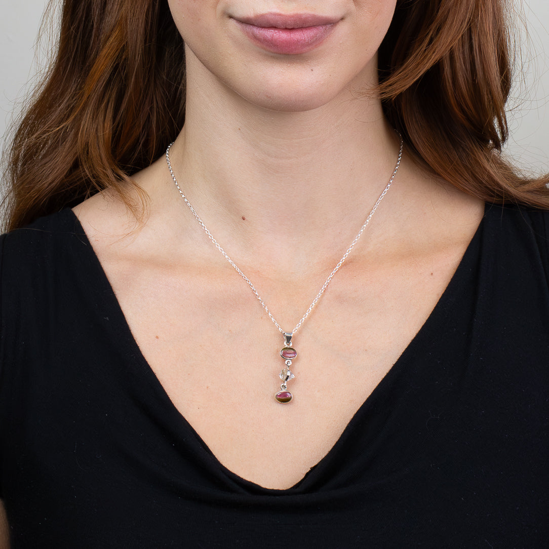 Watermelon Tourmaline and Herkimer Diamond Necklace