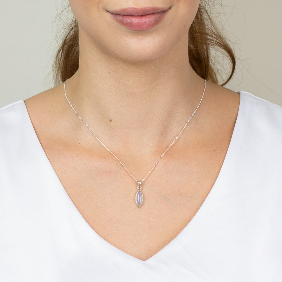 Marquise blue chalcedony cabochon necklace in sterling silver ON MODEL