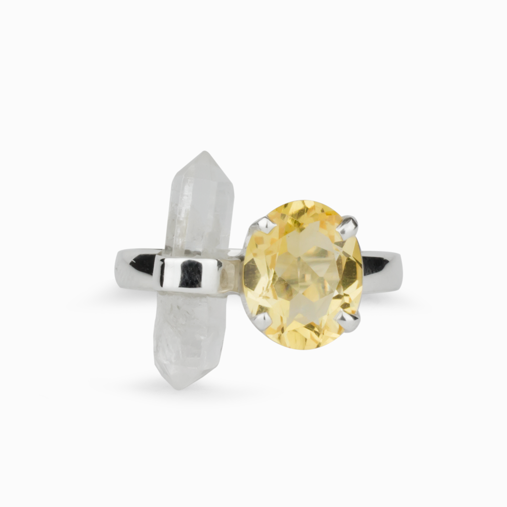 FACETED CITRINE AND CLEAR QUARTZ RING