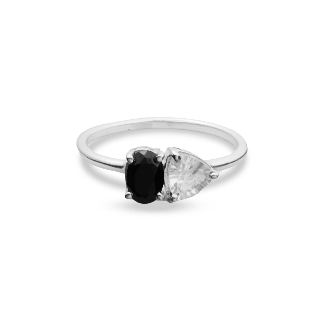 FACETED ONYX AND CLEAR QUARTZ RING STERLING SILVER