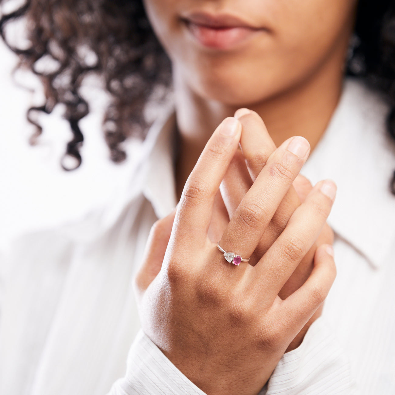 FACETED RUBY AND CLEAR QUARTZ RING
