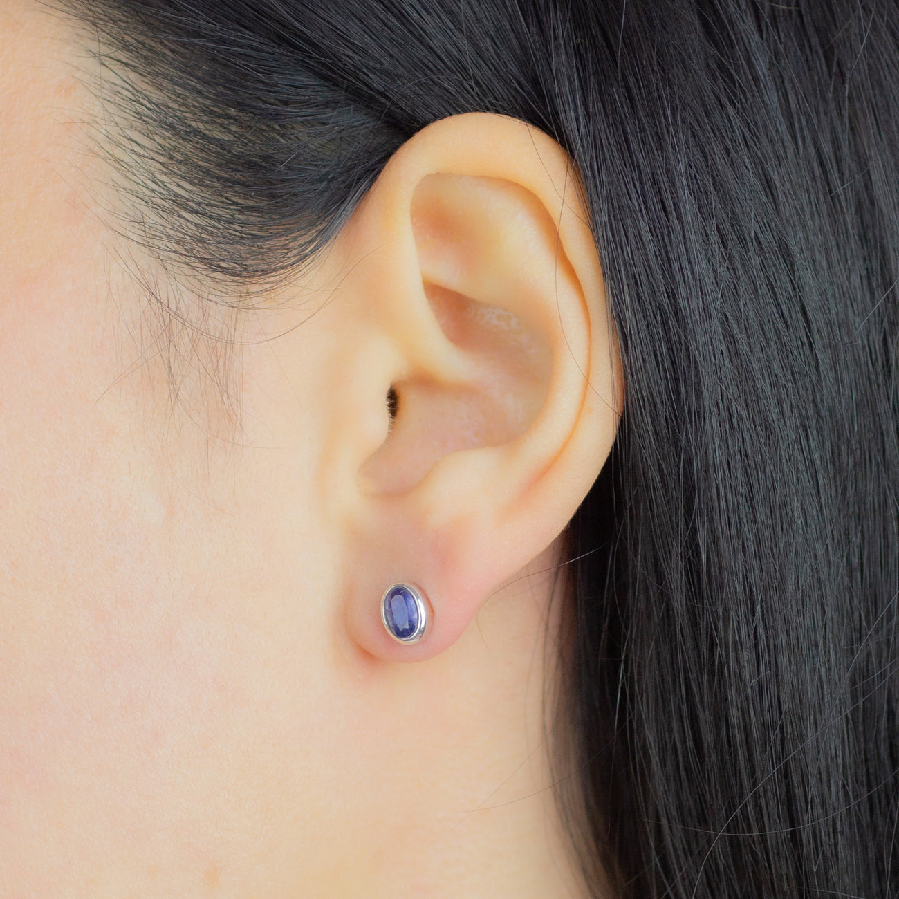 FACETED BLUE KYANITE STUD EARRINGS STERLING SILVER ON MODEL  | MADE IN EARTH 