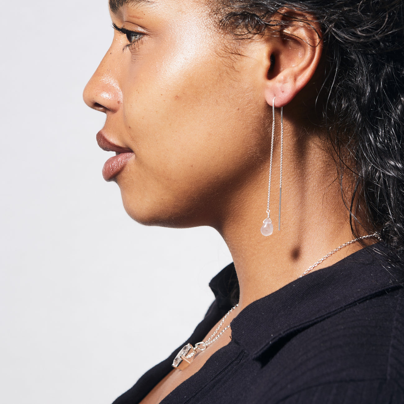 MIXED CUT ROSE QUARTZ BRI DROP EARRINGS STERLING SILVER ON MODEL | MADE IN EARTH