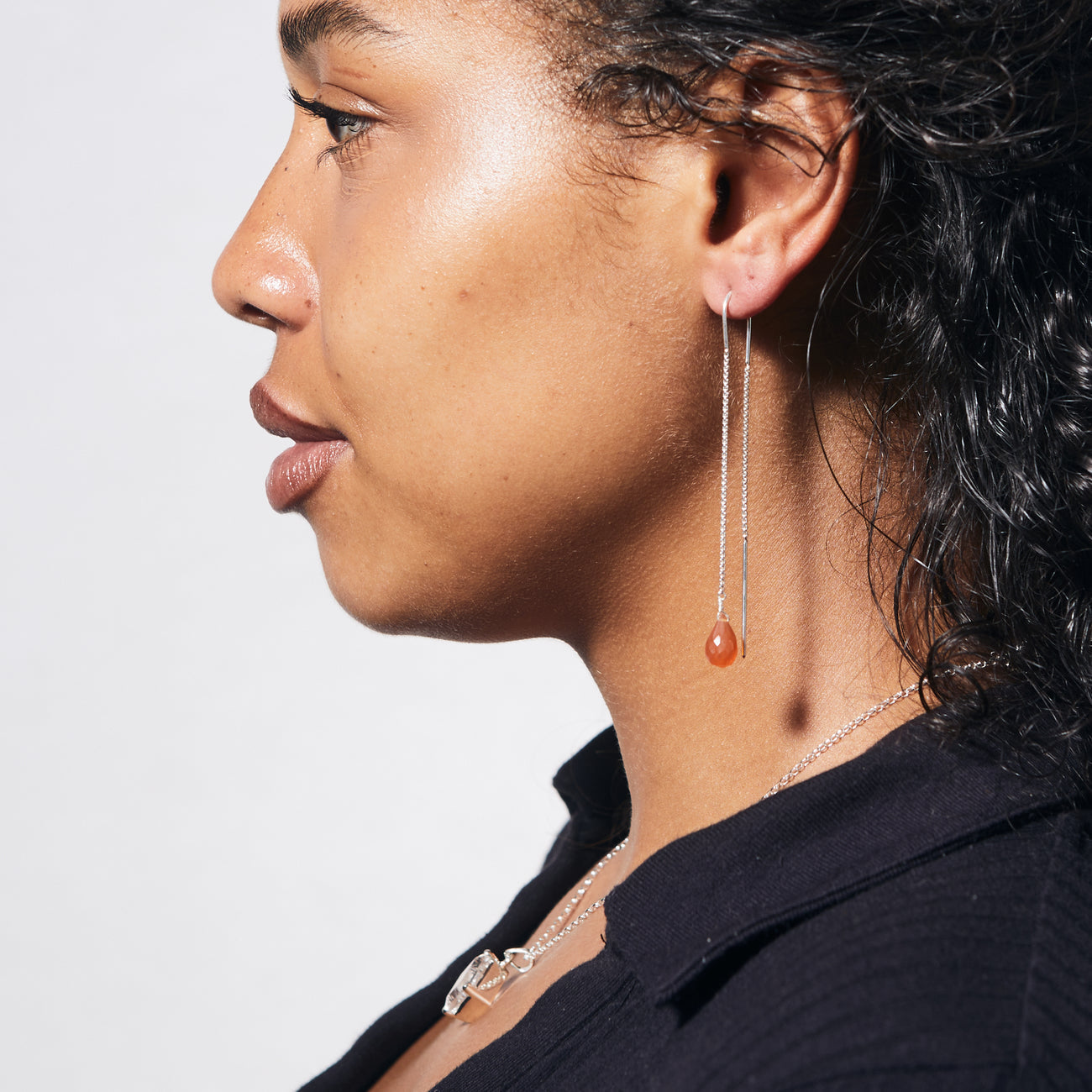CARNELIAN BRIOLETTE DROP EARRING STERLING SILVER ON MODEL | MADE IN EARTH