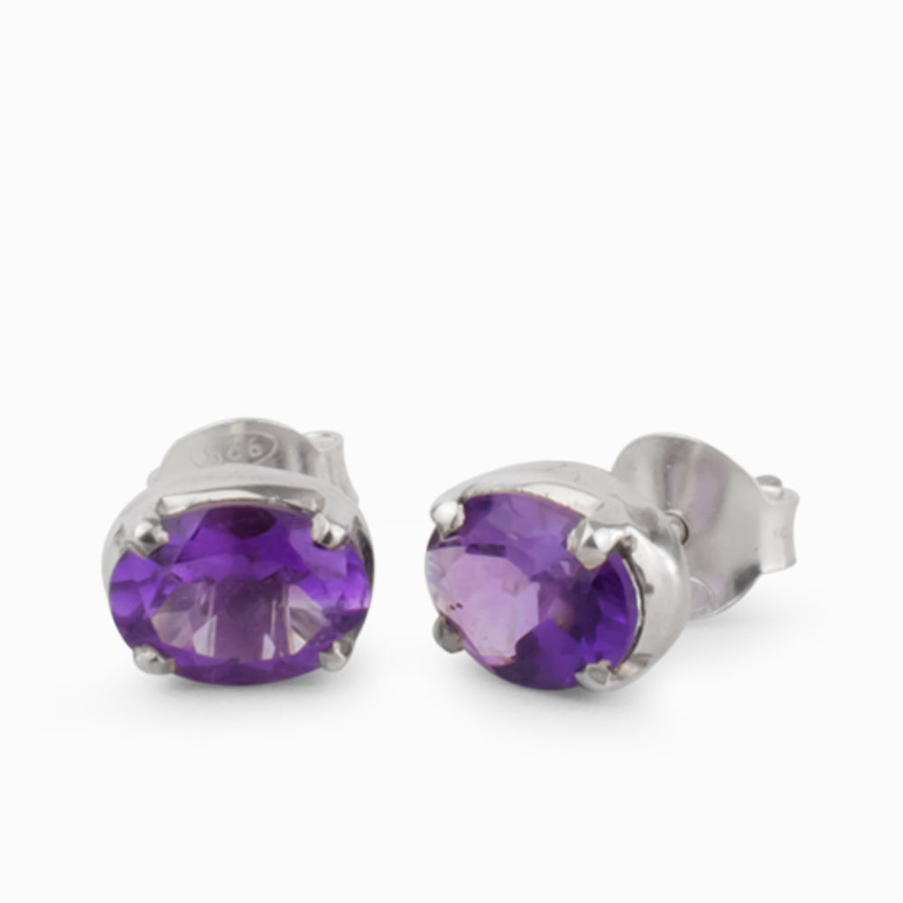 FACETED OVAL AMETHYST STUD EARRINGS STERLING SILVER | MADE IN EARTH