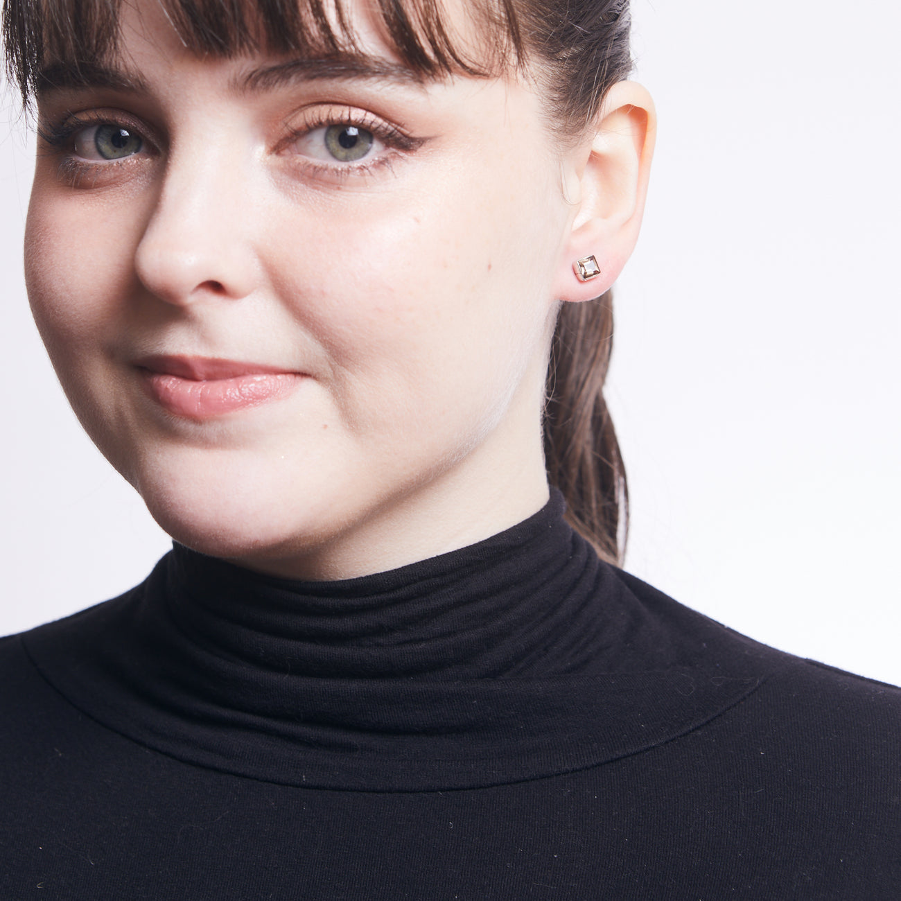 faceted smokey quartz studs ON MODEL