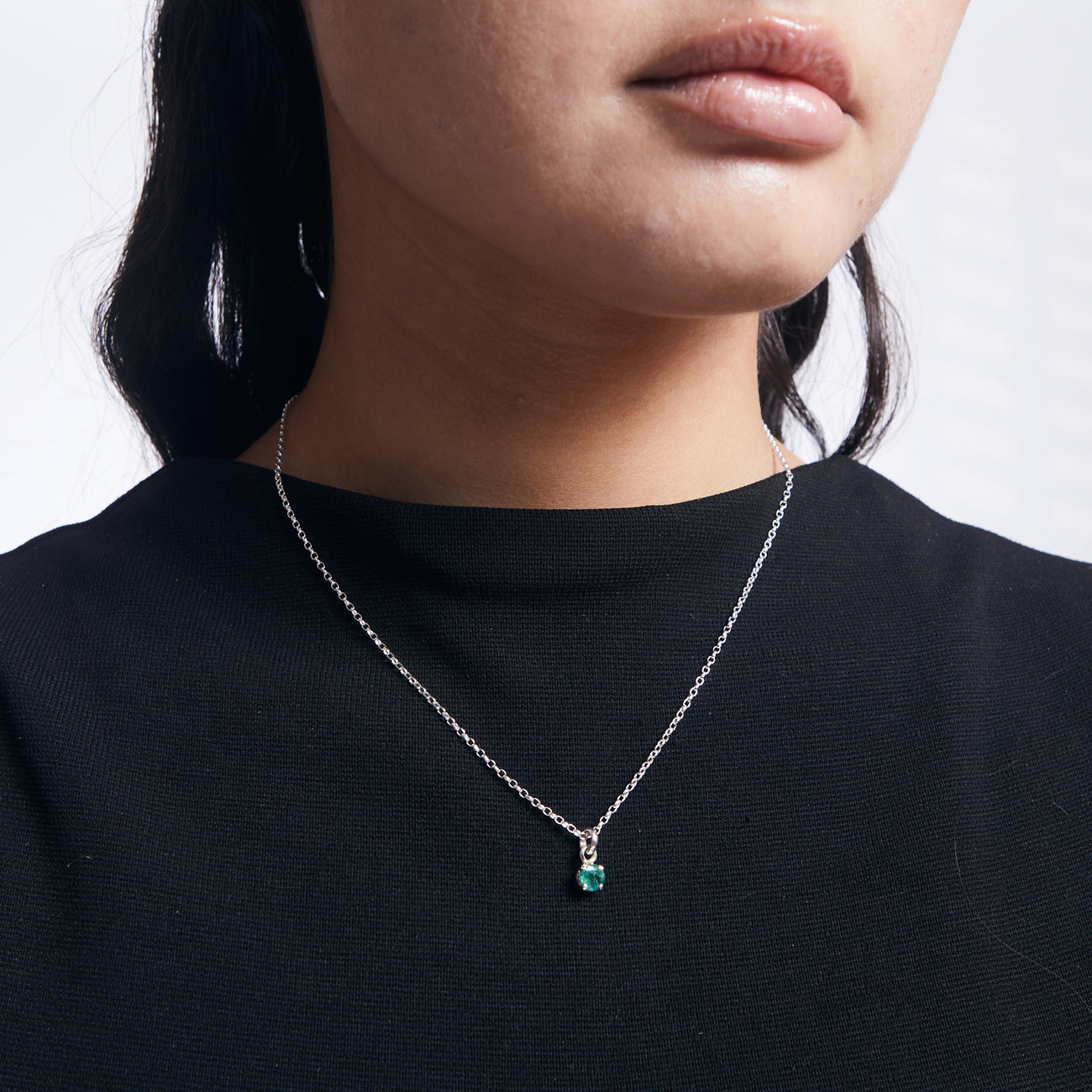FACETED EMERALD BIRTHSTONE NECKLACE STERLING SILVER ON MODEL | MADE IN EARTH