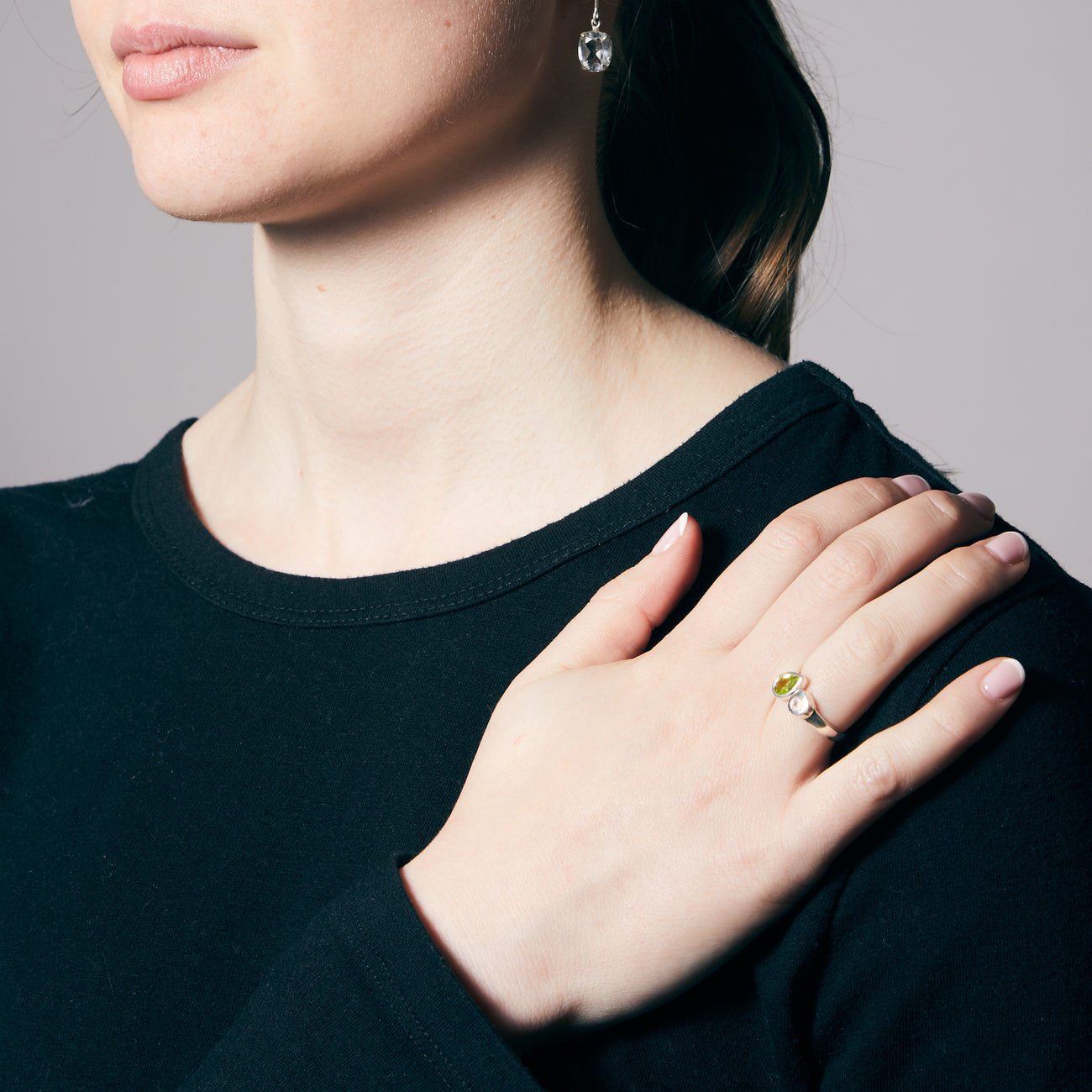 FACETED TEAR SHAPED PERIDOT AND RAINBOW MOONSTONE RING STERLING SILVER | MADE IN EARTH 
