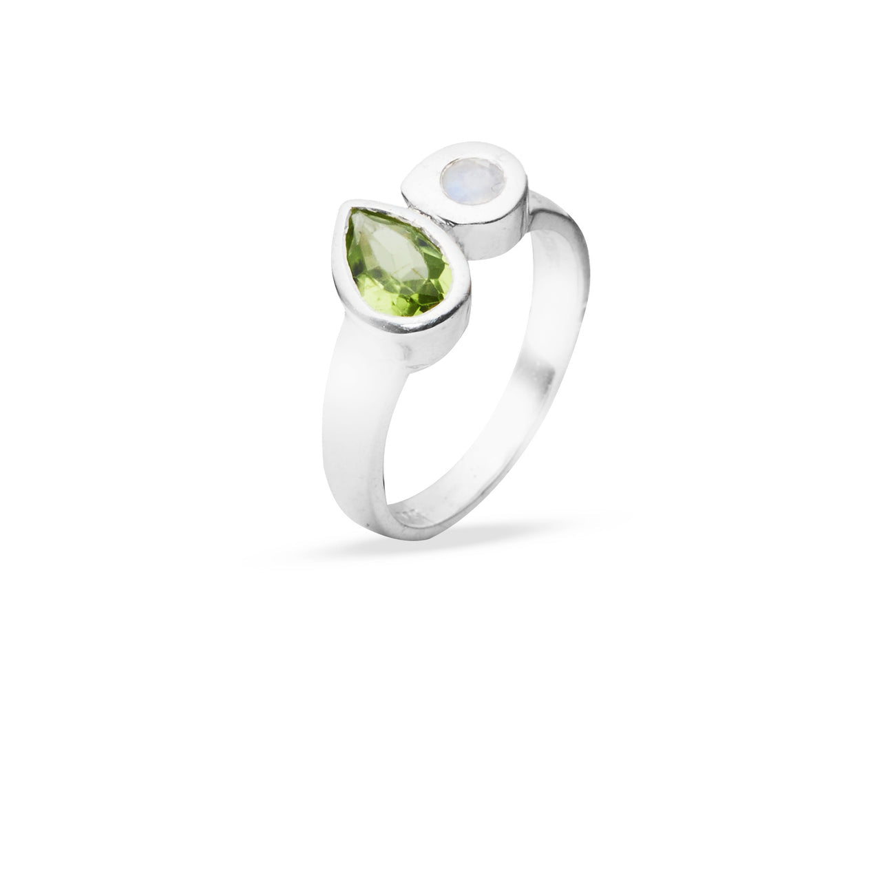FACETED TEAR SHAPED PERIDOT AND RAINBOW MOONSTONE RING STERLING SILVER | MADE IN EARTH 