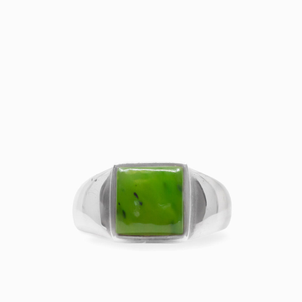 Square green Nephrite Jade cabochon set in a polished 925 sterling silver statement ring.