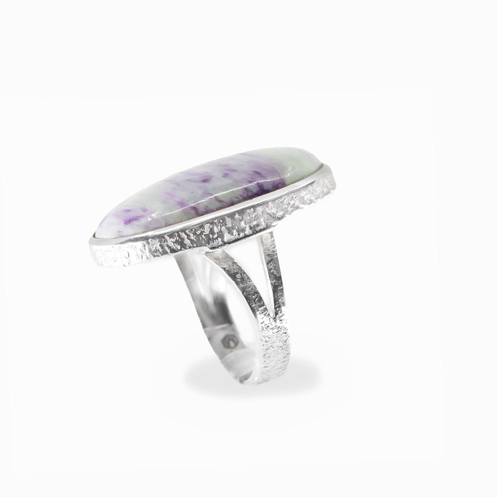 Oval Kammererite cabochon statement ring in polished sterling silver.