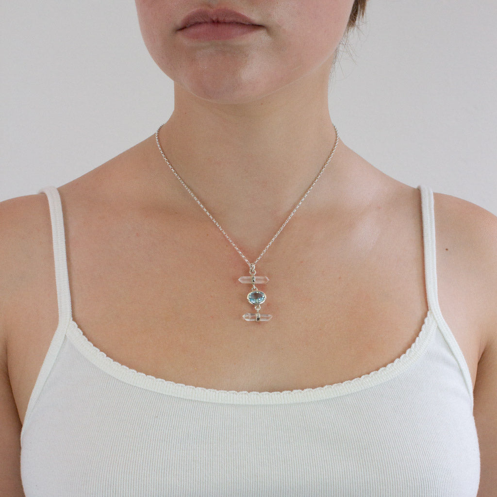 Blue Topaz and Laser Quartz necklace on model