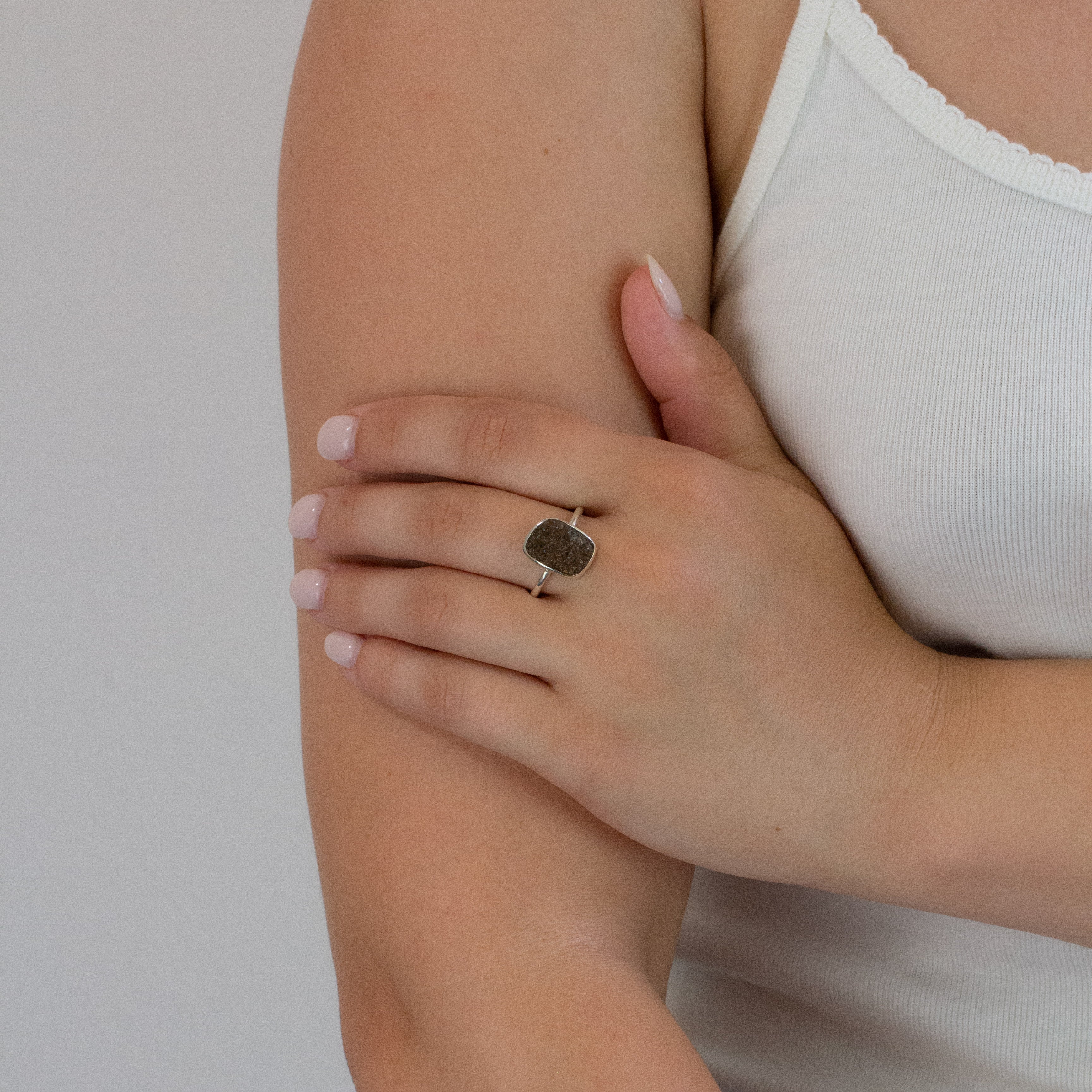 Druzy Petrified wood ring on model