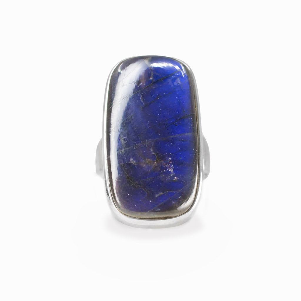 Spectralite Labradorite rectangular cabochon ring in polished sterling silver displaying an intense electric blue natural flash.