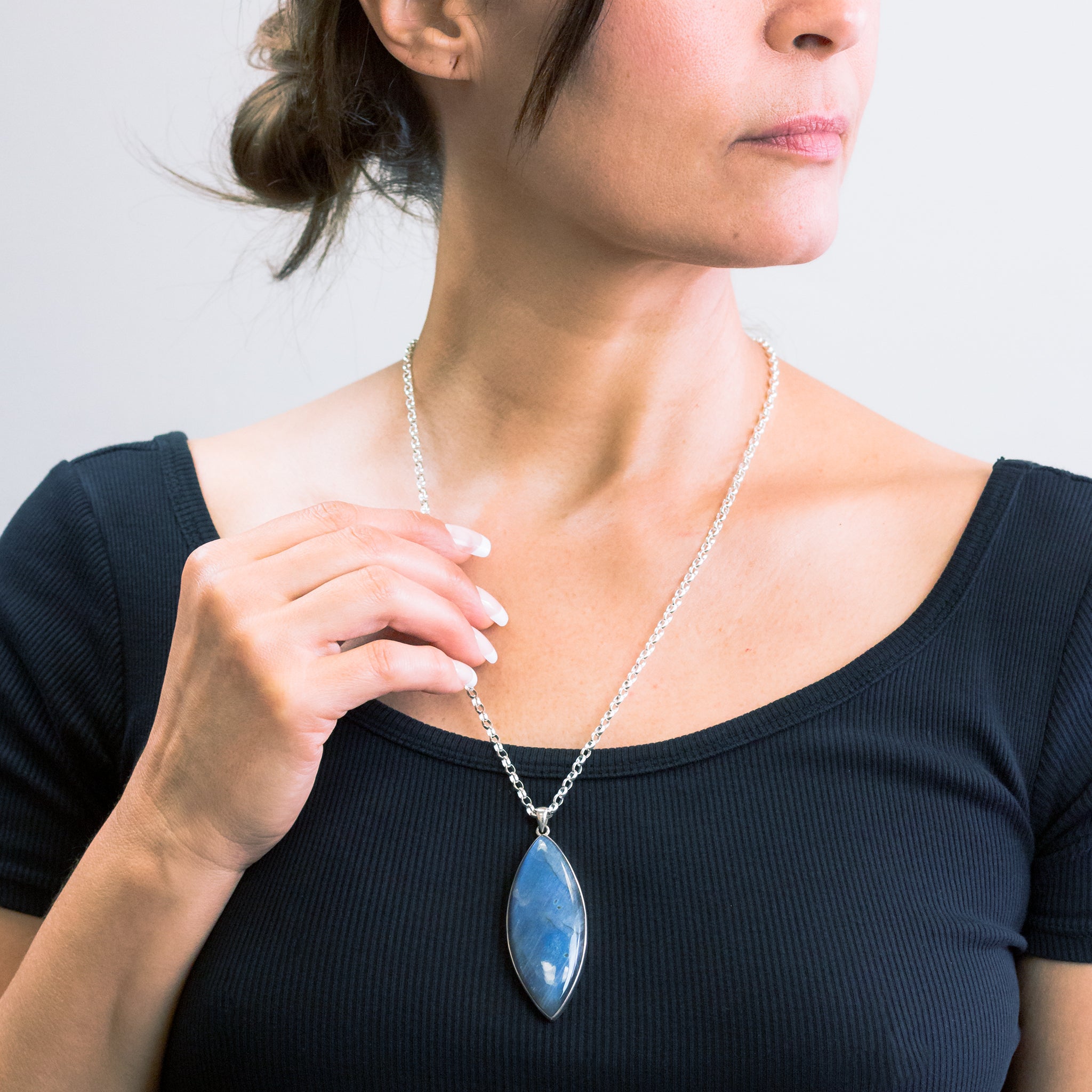MARQUISE LABRADORITE NECKLACE STERLING SILVER ON MODEL | MADE IN EARTH