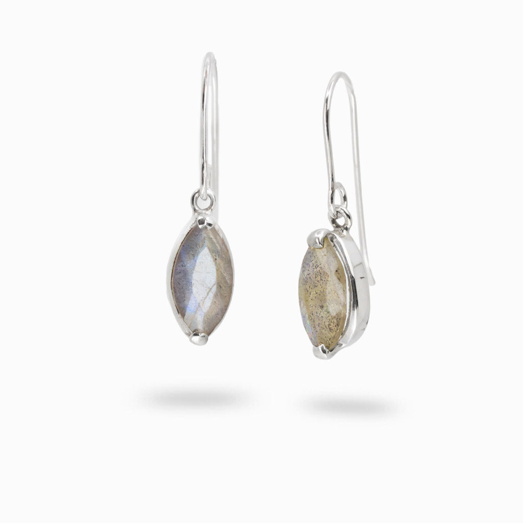 A pair of silver drop earrings with marquise-cut labradorite stones, shown against a clean white background with soft shadows below.