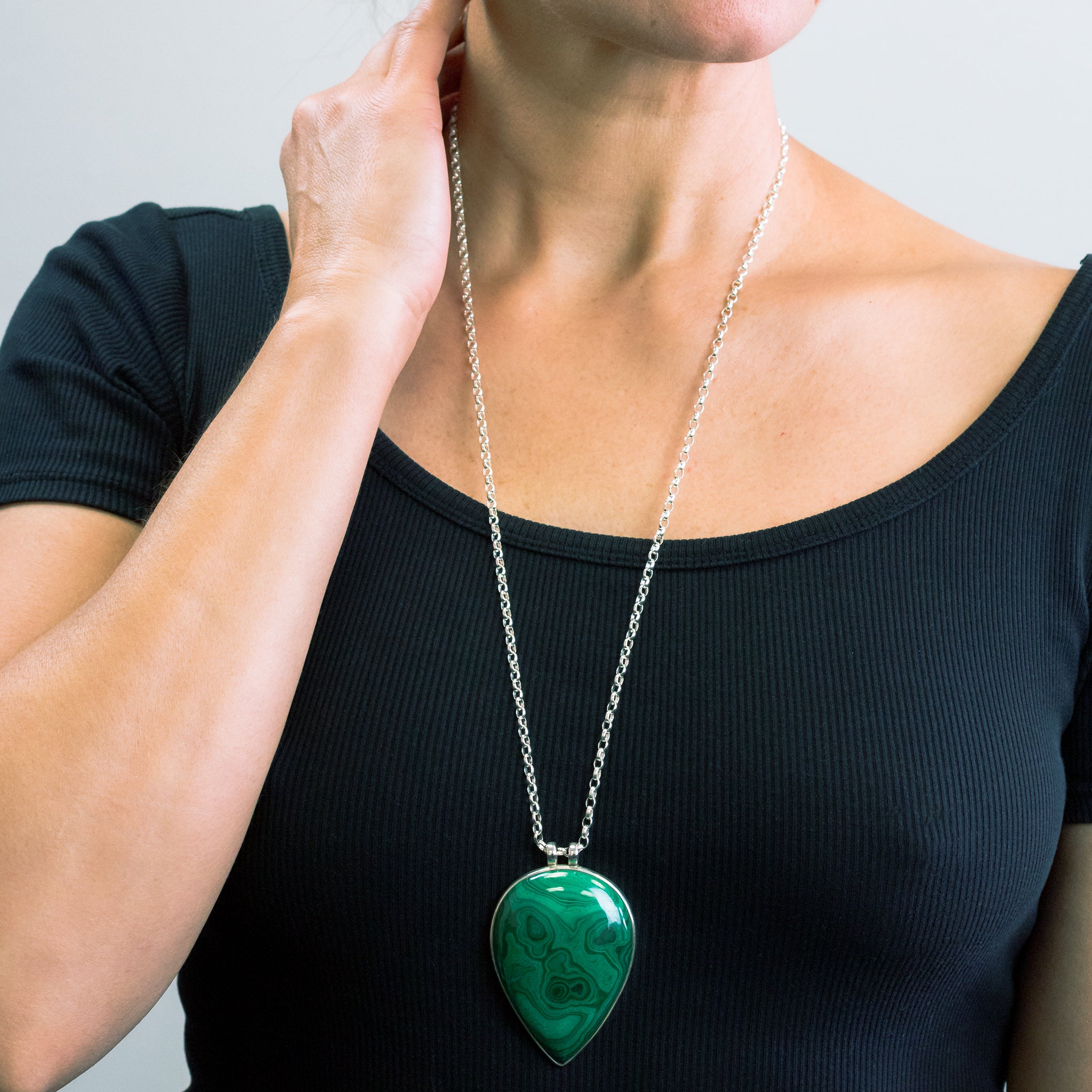 CABOCHON MALACHITE NECKLACE STERLING SILVER ON MODEL | MADE IN EARTH