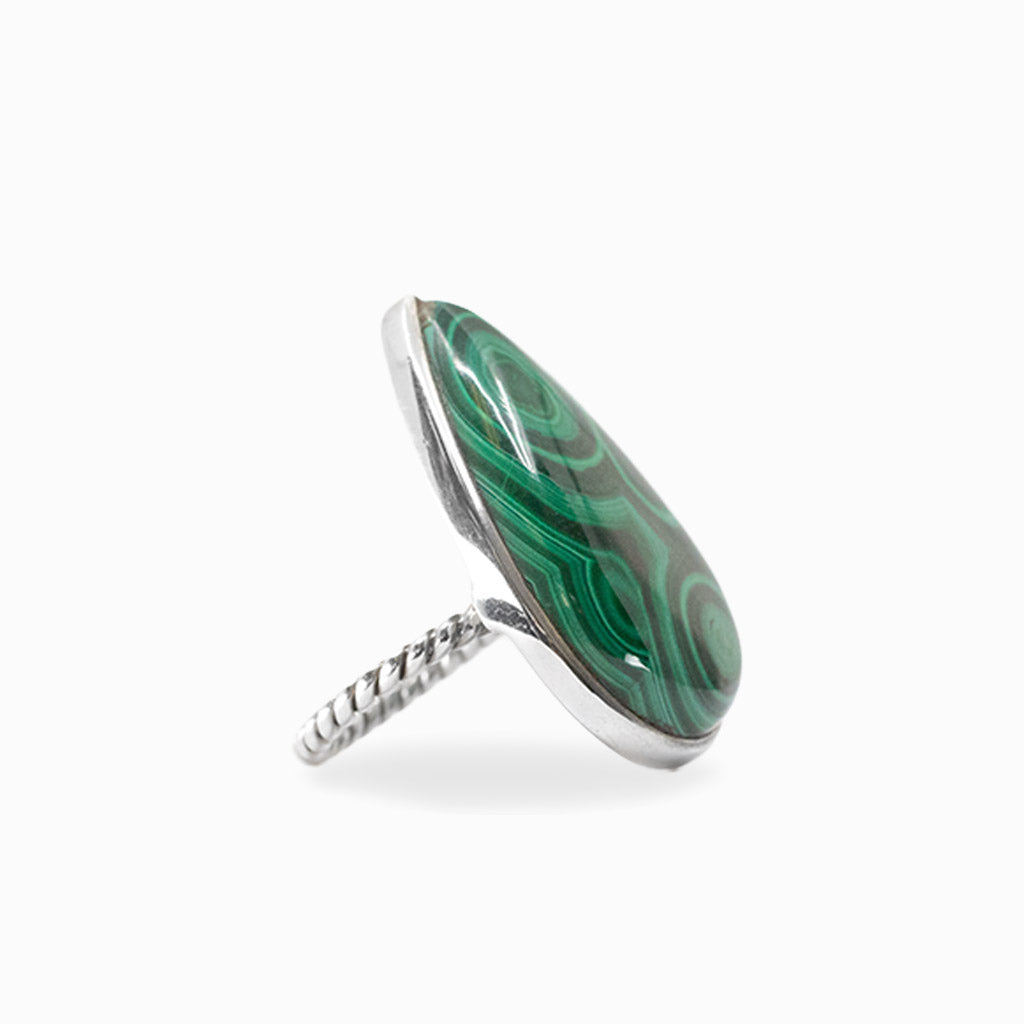 Teardrop Malachite cabochon with vivid concentric green banding set in 925 sterling silver.