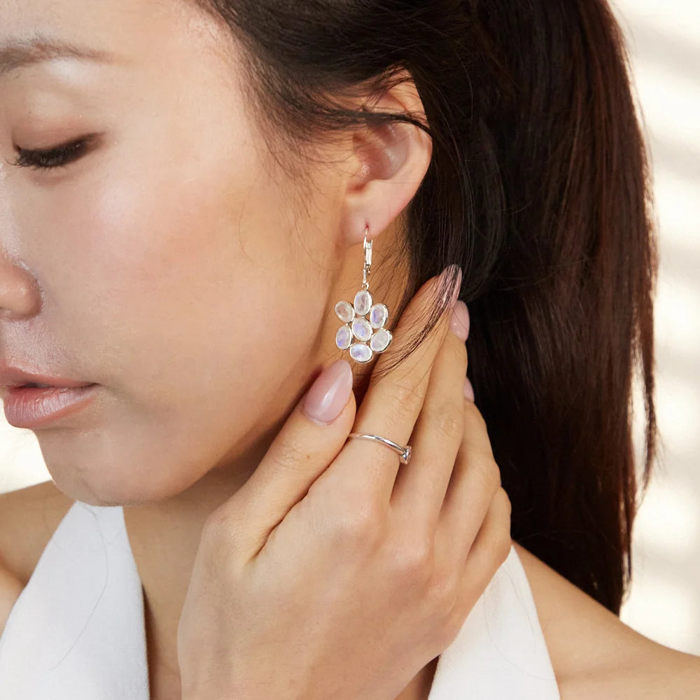 Oval Rainbow Moonstone gemstones bezel set in polished sterling silver cluster drop earrings.