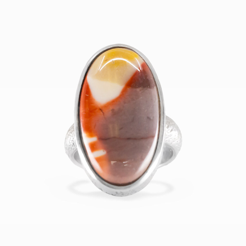 Oval Mookaite cabochon sterling silver statement ring with natural earthy colors.