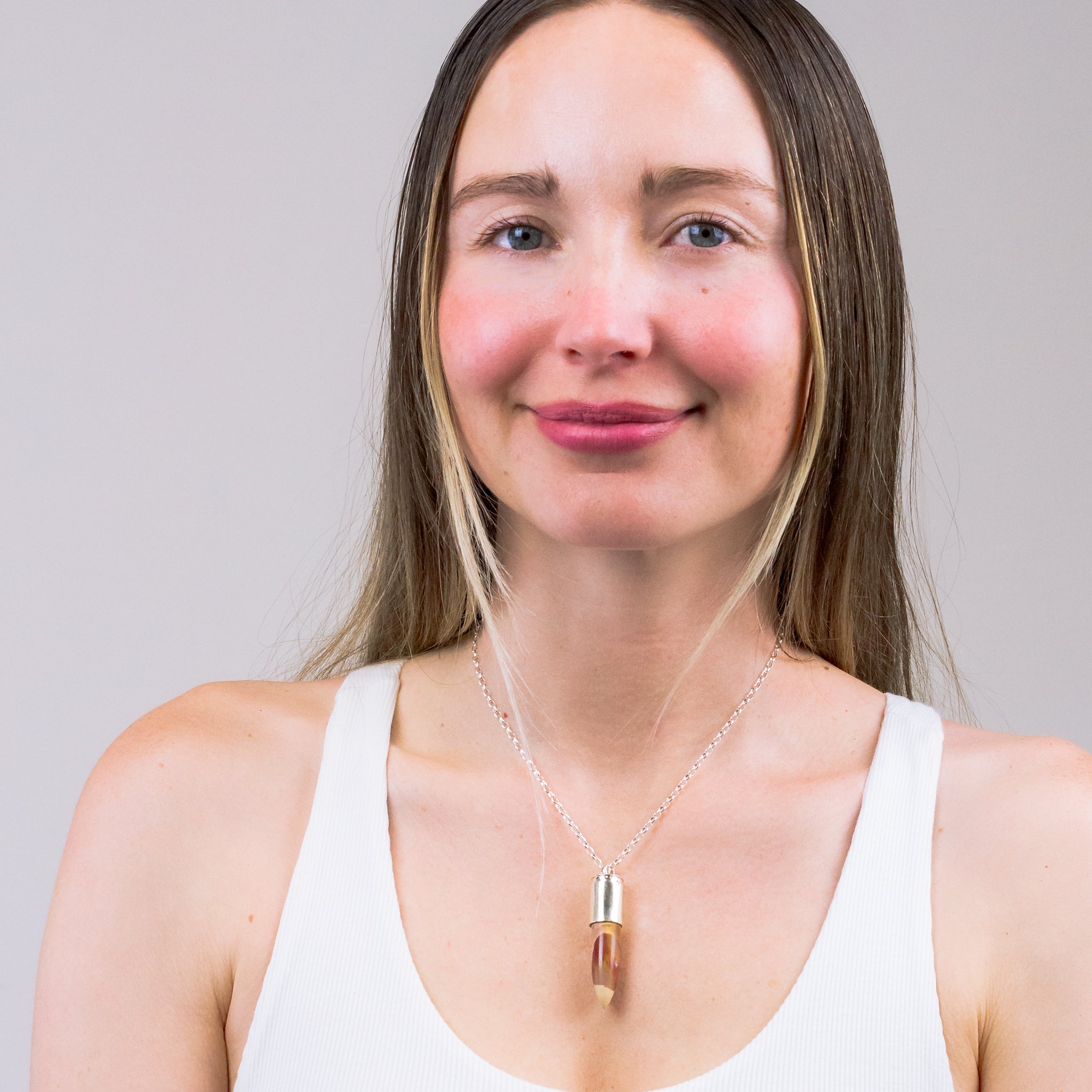 BULLET MOOKAITE NECKLACE ON MODEL 