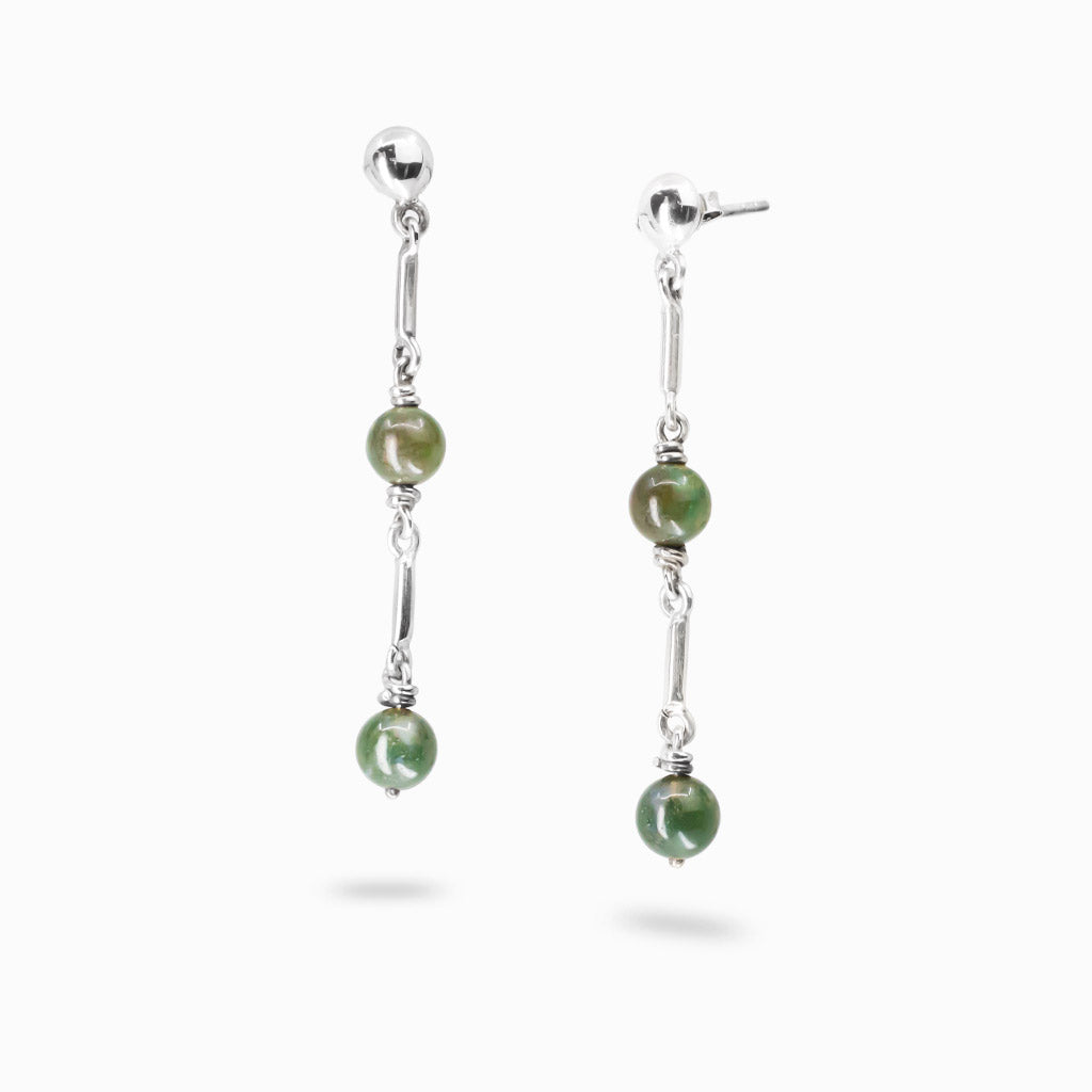 Sterling silver drop earrings featuring polished round Moss Agate beads connected by modern silver links.