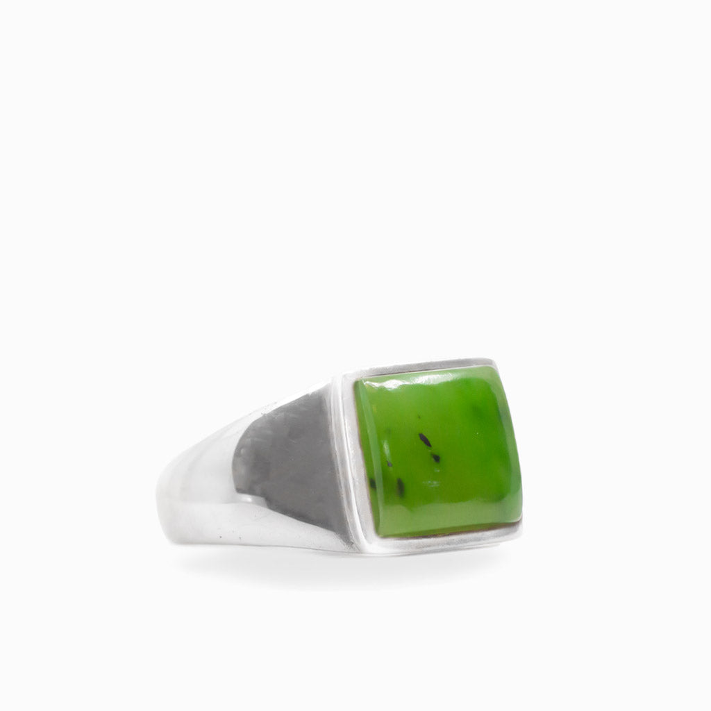 Square green Nephrite Jade cabochon set in a polished 925 sterling silver statement ring.