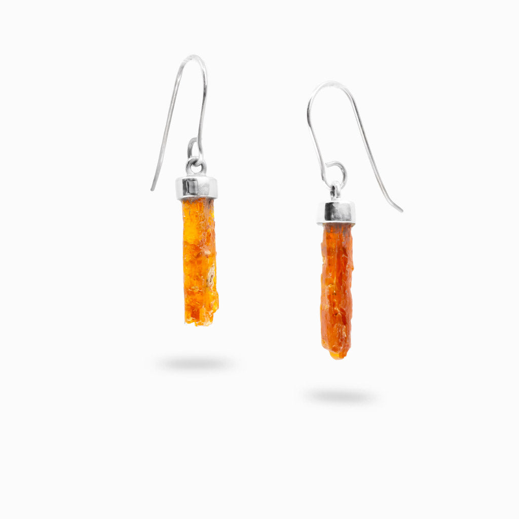 Raw Orange Kyanite crystal earrings with sterling silver caps and French hooks.