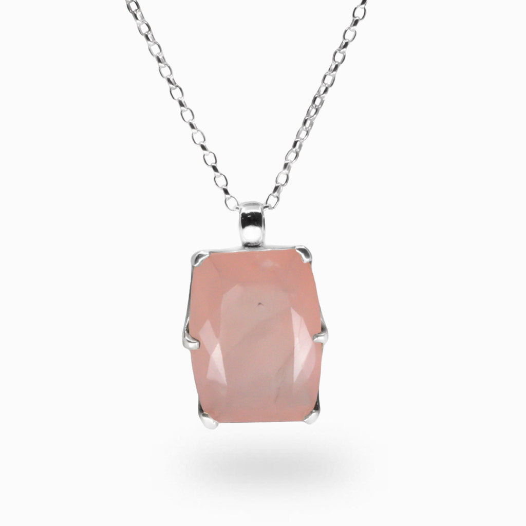 FACETED ROSE QUARTZ REC NECKLACE IN STERLING SILVER MADE IN EARTH