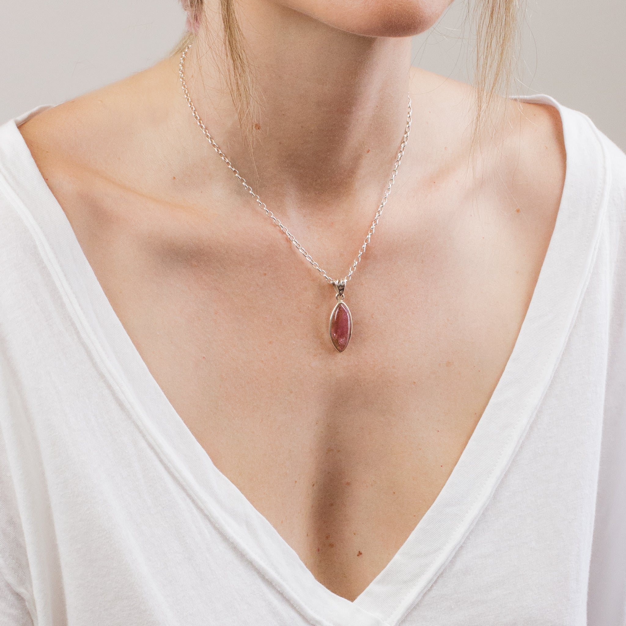 CABOCHON PINK TOURMALINE MARQUISE NECKLACE ON MODEL
