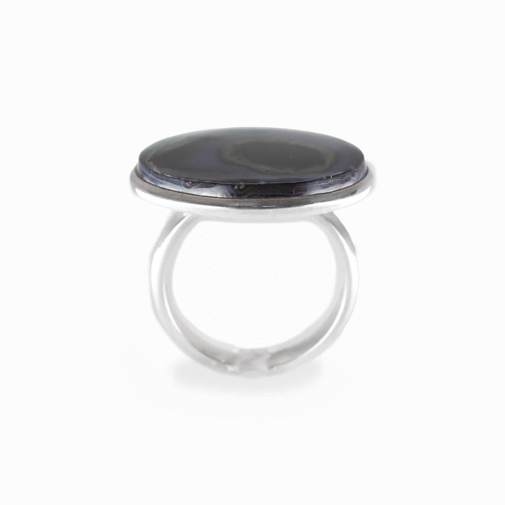 Freeform Psilomelane cabochon statement ring set in polished sterling silver.