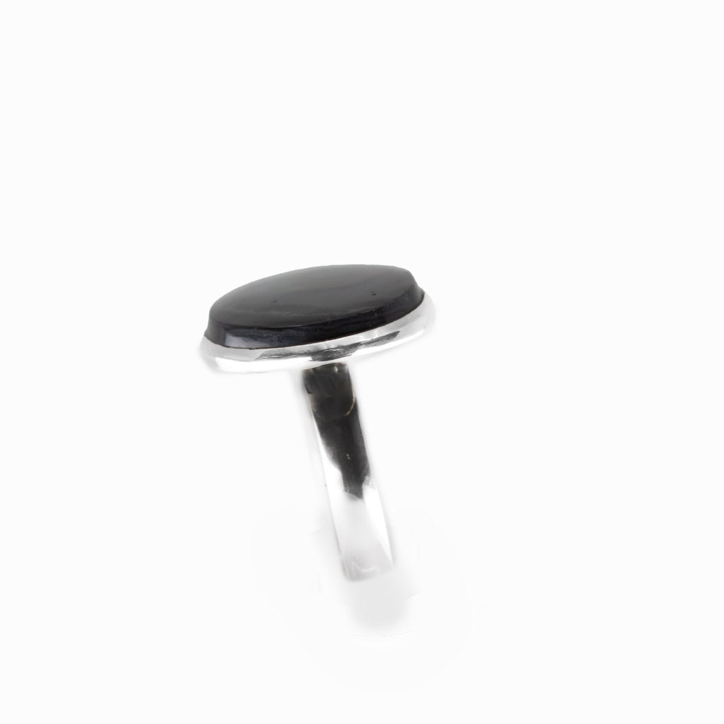 Freeform Psilomelane cabochon statement ring set in polished sterling silver.
