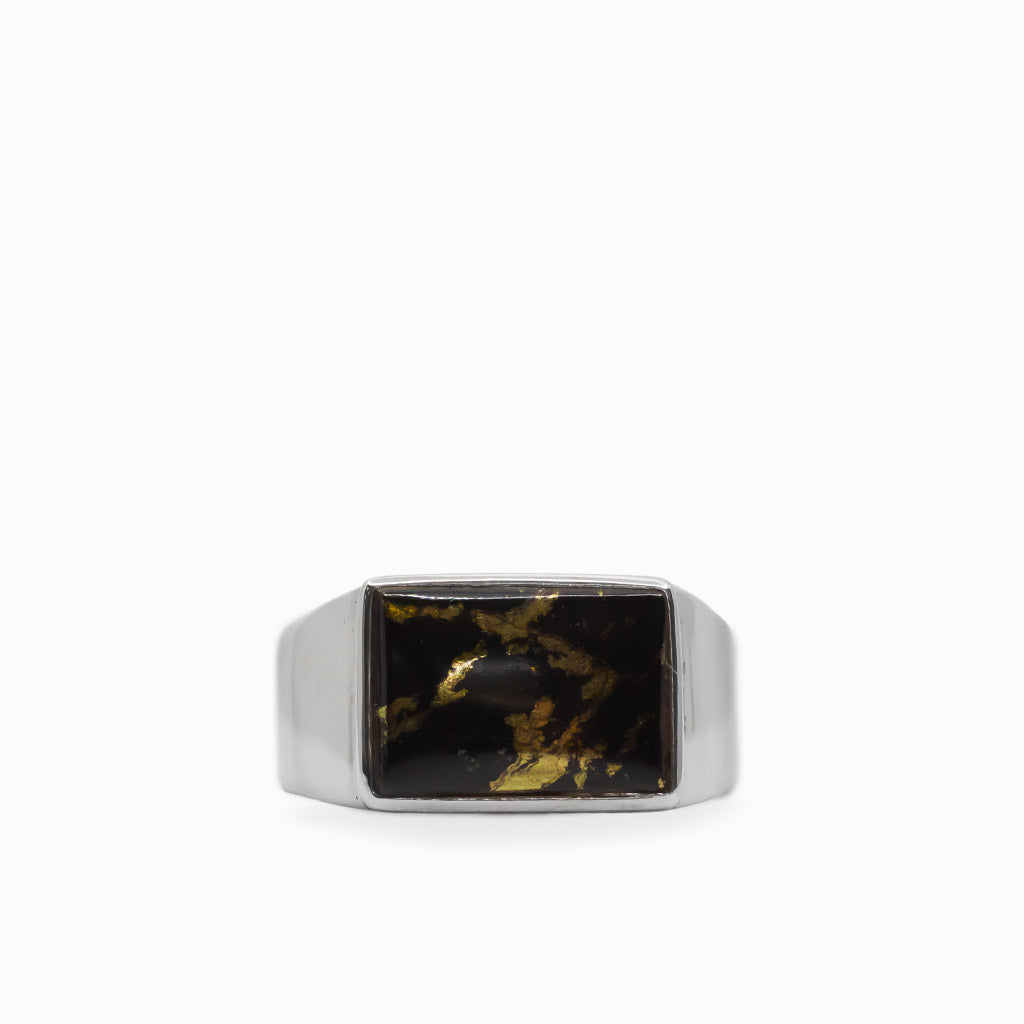Rectangular black and metallic gold Apache Gold cabochon set in a polished 925 sterling silver ring.
