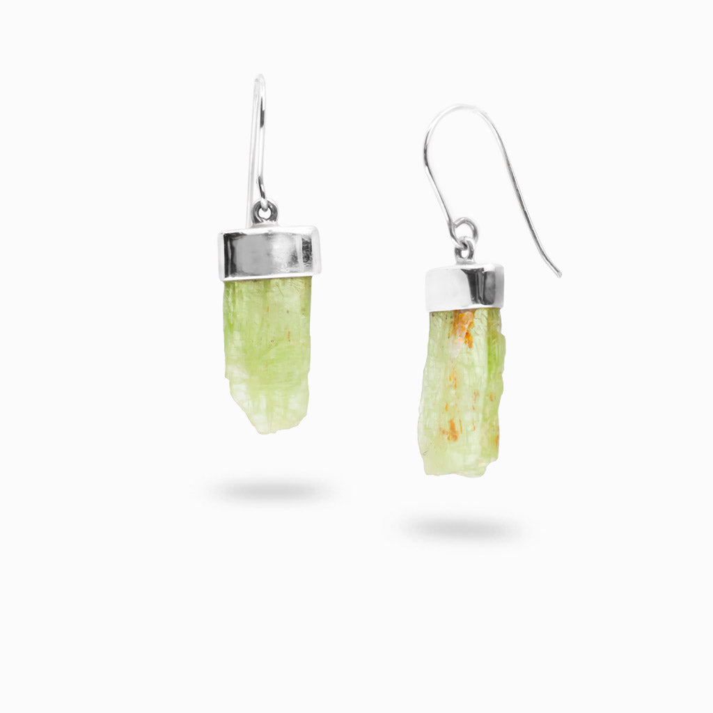 Raw Green Kyanite crystal earrings with sterling silver caps and French hooks.