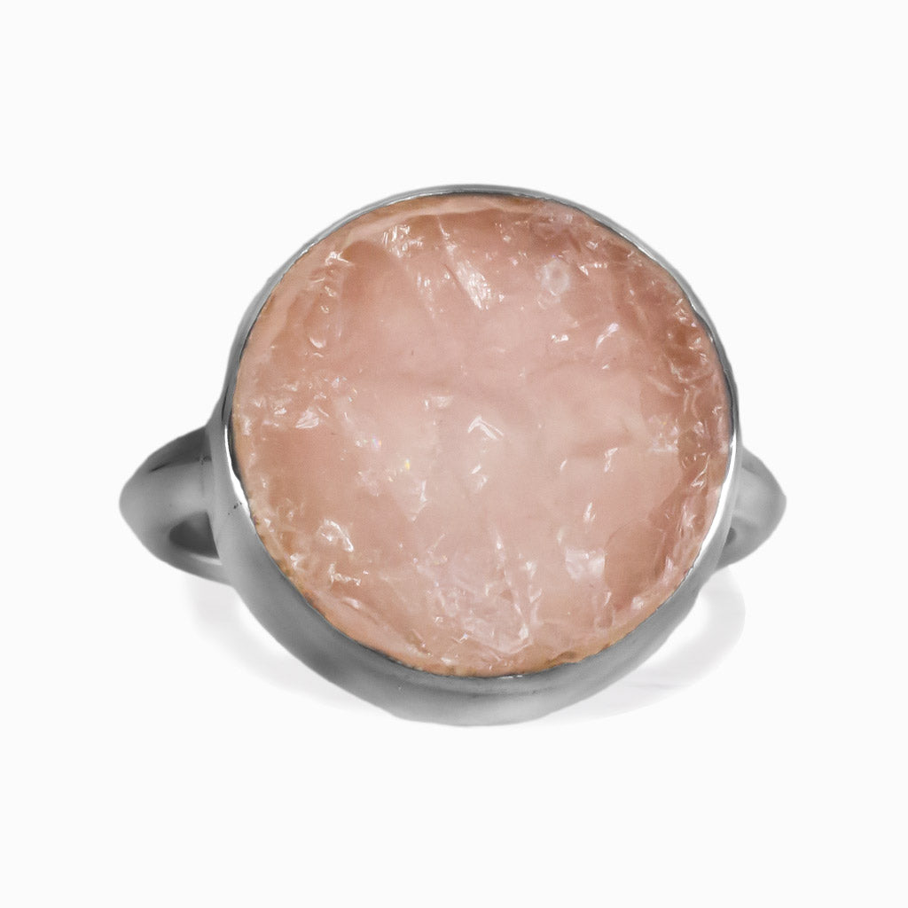 RAW ROUND ROSE QUARTZ BEZEL RING STERLING SILVER  MADE IN EARTH 