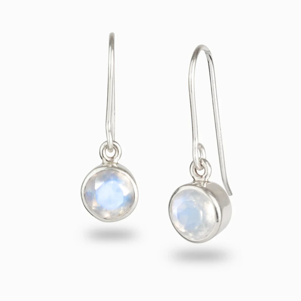 rainbow moonstone round drop earrings sterling silver blue flash cabochon