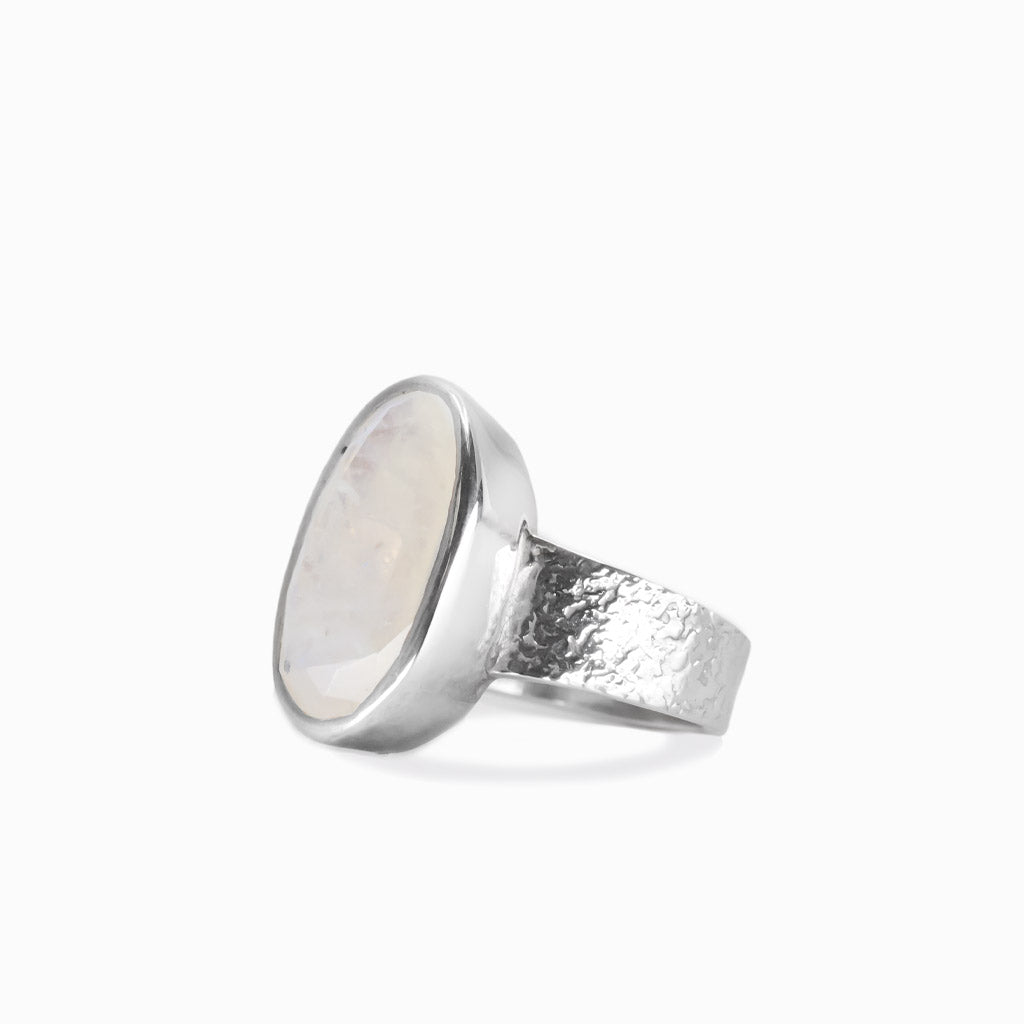 Faceted rainbow moonstone oval ring in sterling silver